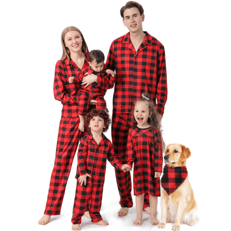 Red and black buffalo check matching family Christmas pyjamas - view 2