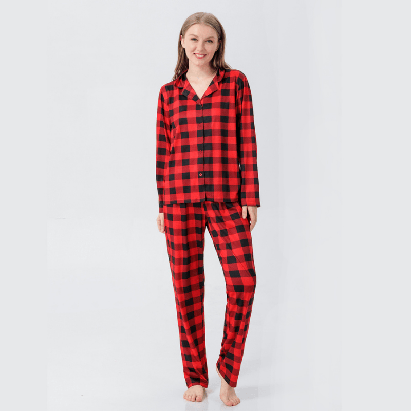Red and black buffalo check matching family Christmas pyjamas - view 4