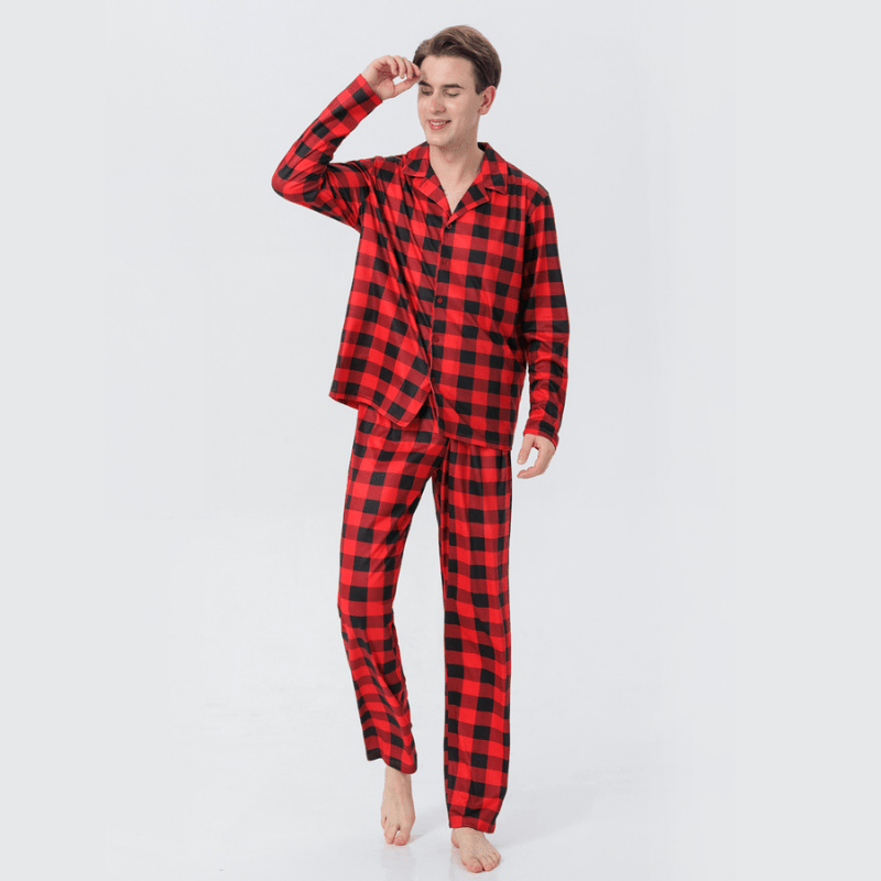 Red and black buffalo check matching family Christmas pyjamas - view 6