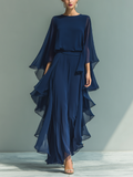 Ruffled navy chiffon pants set with sheer cape sleeves for women