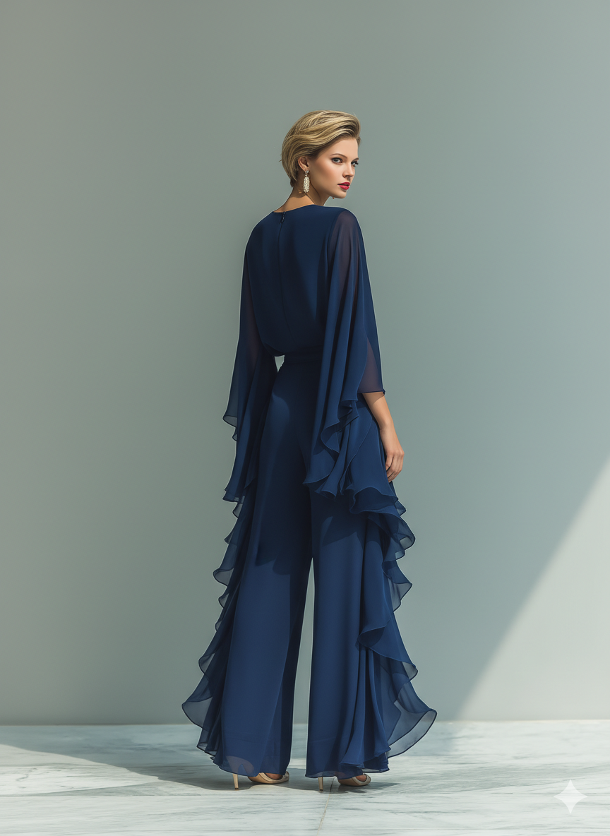 Ruffled navy chiffon pants set with sheer cape sleeves for women - view 2