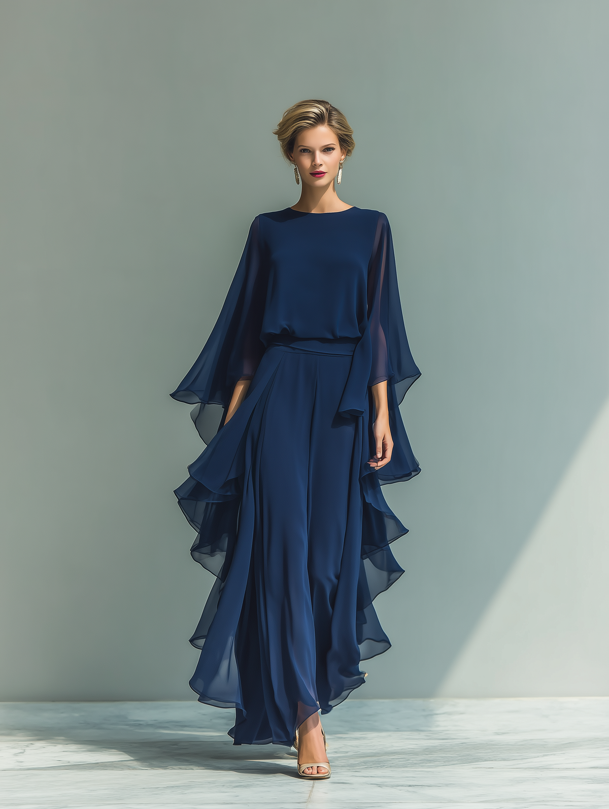 Ruffled navy chiffon pants set with sheer cape sleeves for women - view 5