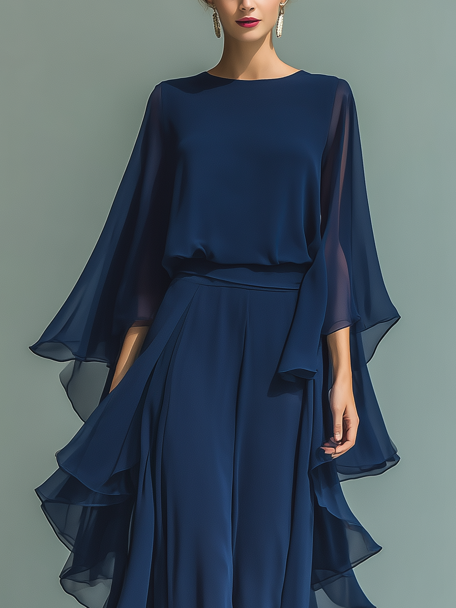 Ruffled navy chiffon pants set with sheer cape sleeves for women - view 6