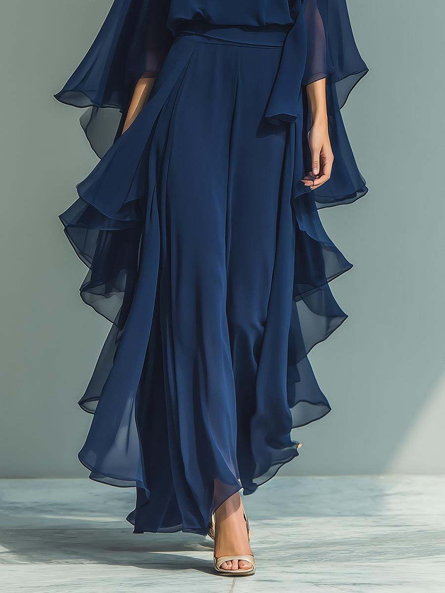 Ruffled navy chiffon pants set with sheer cape sleeves for women - view 7