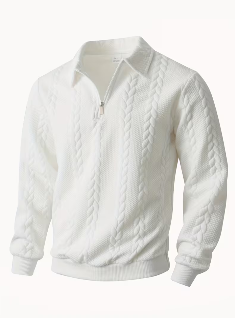 Men's cable knit quarter zip jumper, side view