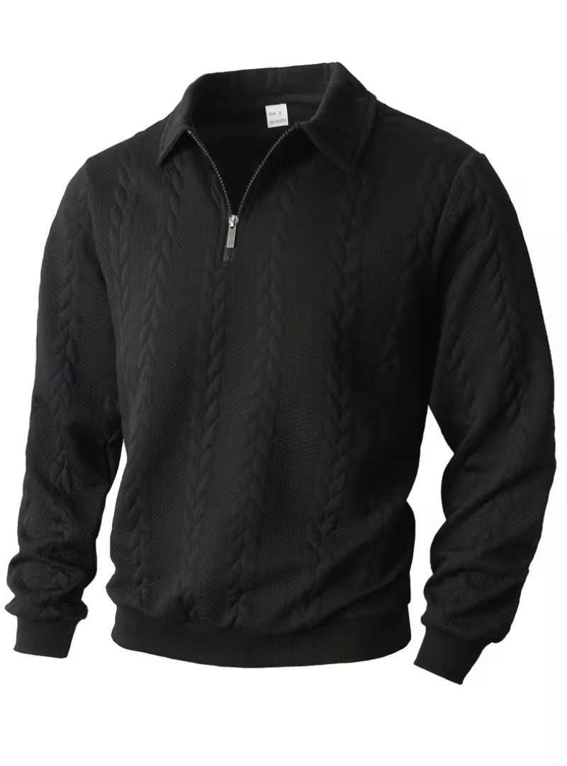 Men's cable knit quarter zip jumper, back view