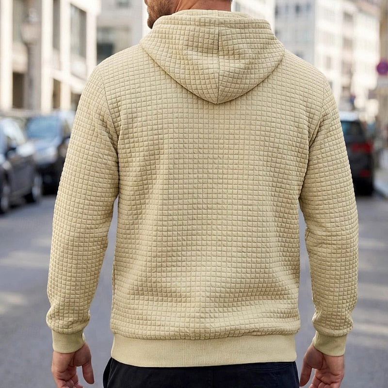 Men's soft textured hooded pullover, back view