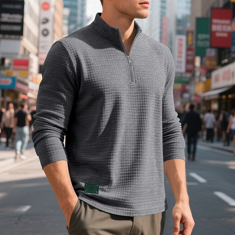 Men's textured quarter zip sweatshirt, back view