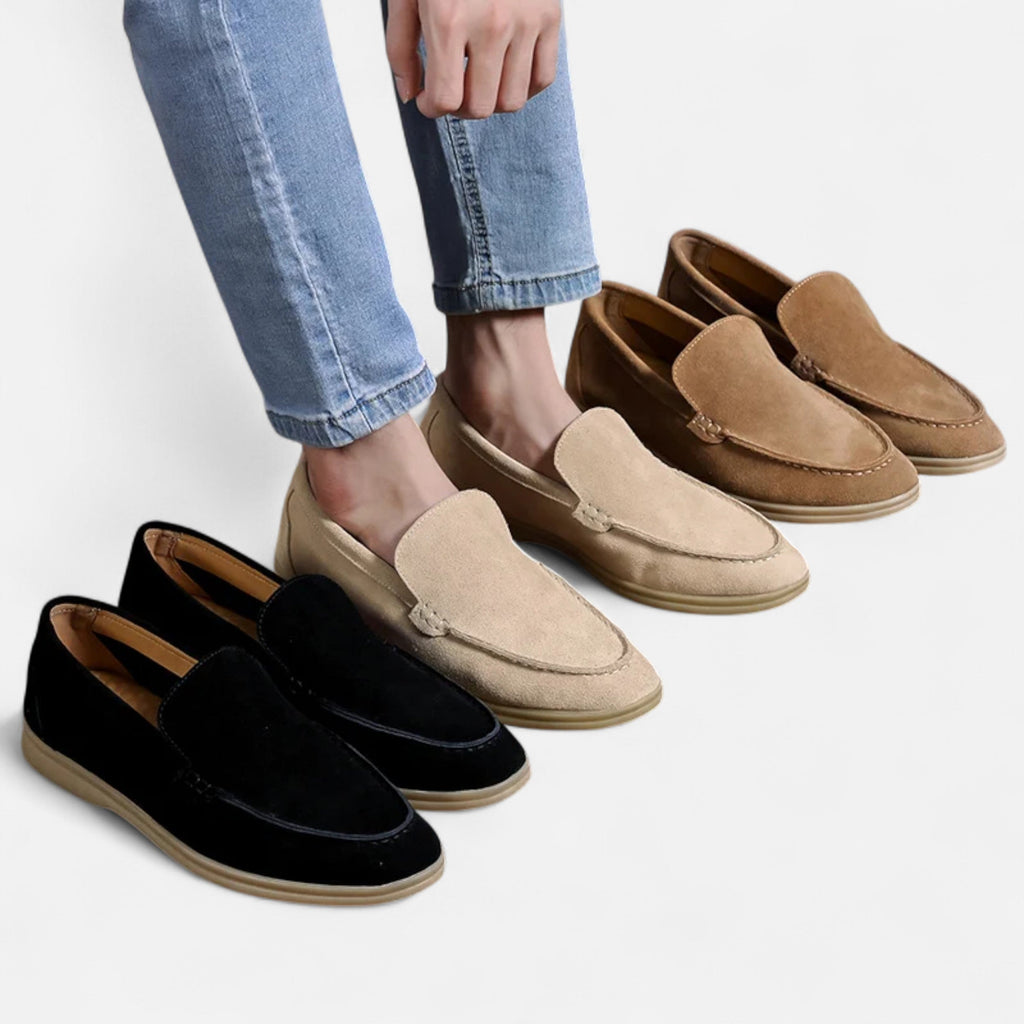 Men's black faux suede slip-on loafer with moc-toe stitching and gum-tone sole - view 10