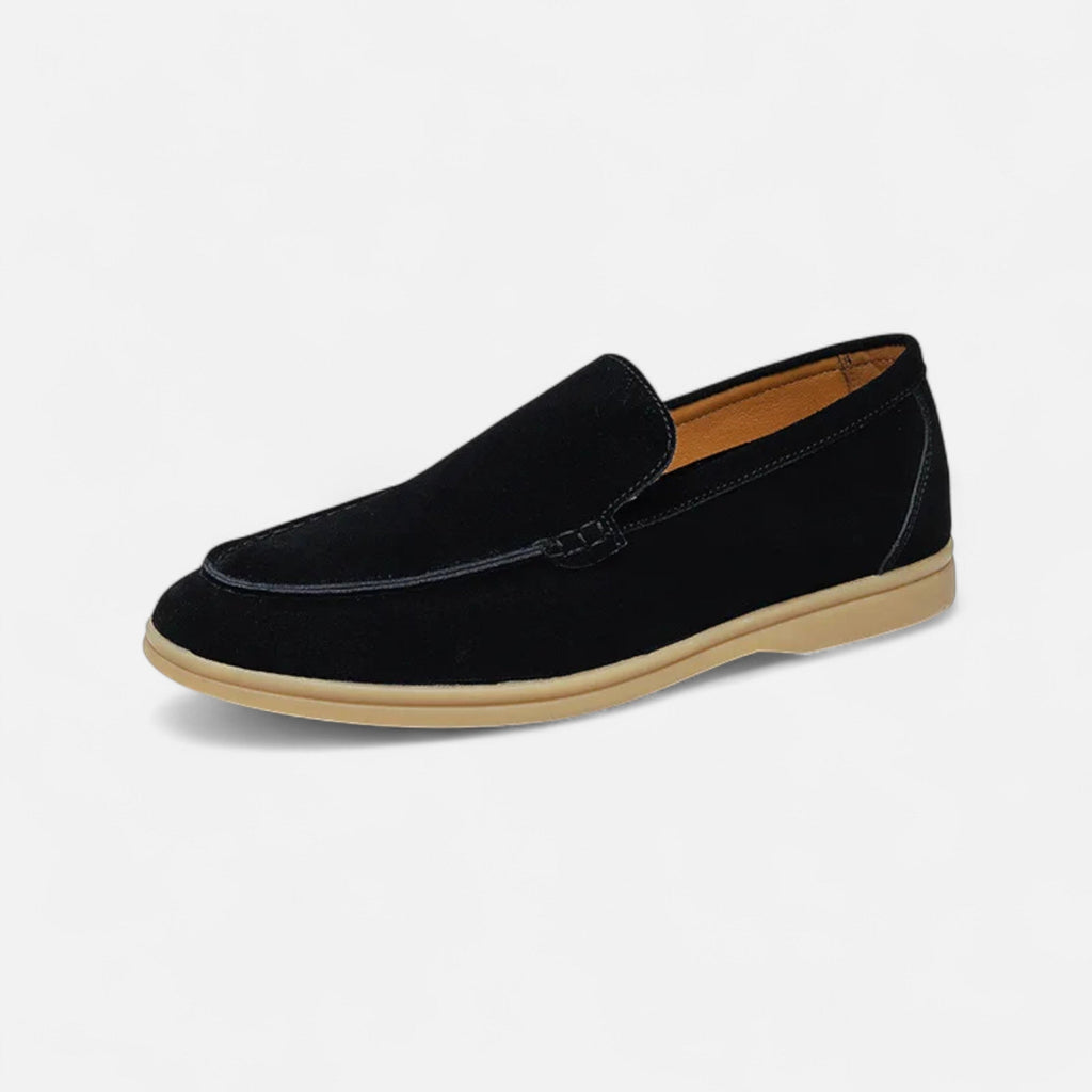Men's black faux suede slip-on loafer with moc-toe stitching and gum-tone sole - view 3