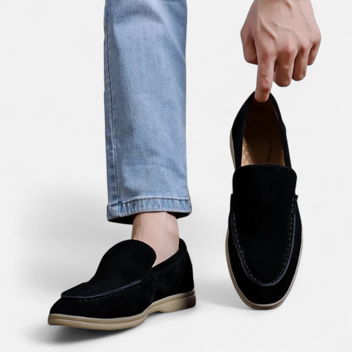 Men's black faux suede slip-on loafer with moc-toe stitching and gum-tone sole - view 4