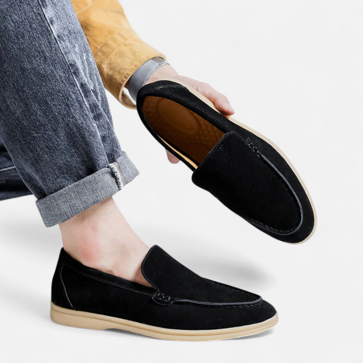 Men's black faux suede slip-on loafer with moc-toe stitching and gum-tone sole - view 5