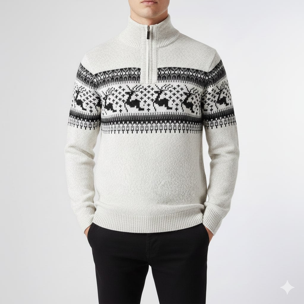 Men's quarter zip Christmas jumper with reindeer jacquard band and ribbed stand collar