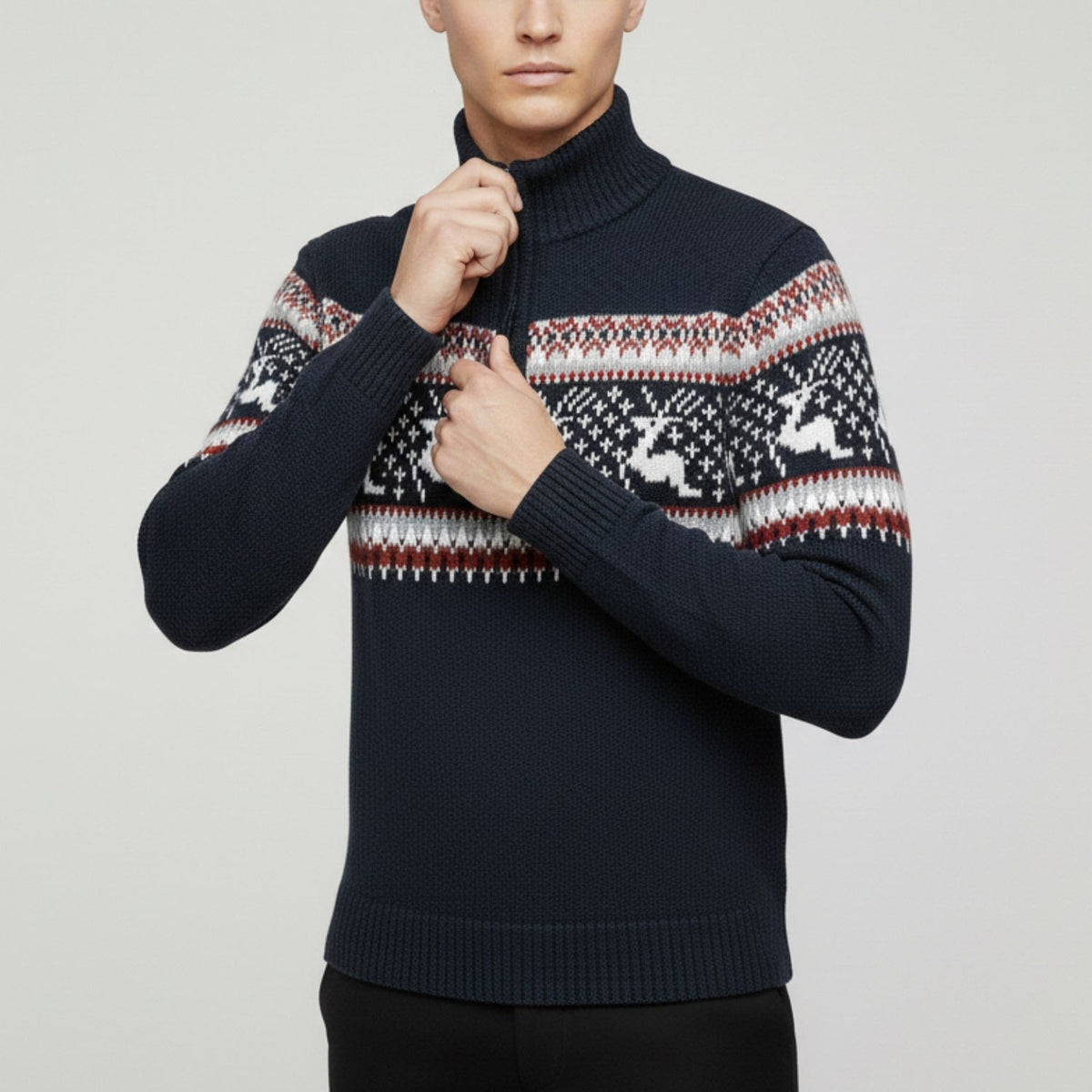 Men's quarter zip Christmas jumper with reindeer jacquard band and ribbed stand collar - view 10