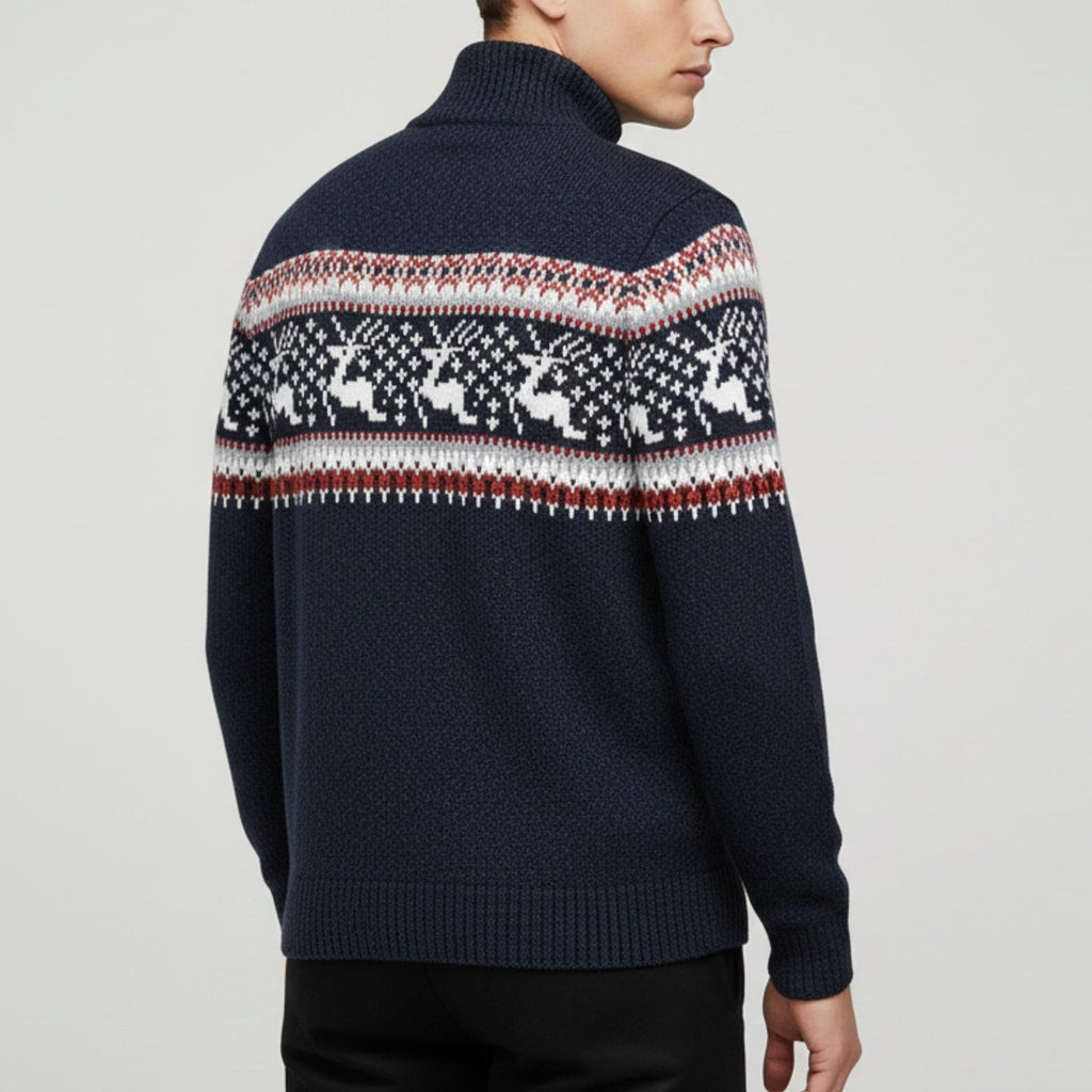 Men's quarter zip Christmas jumper with reindeer jacquard band and ribbed stand collar - view 11