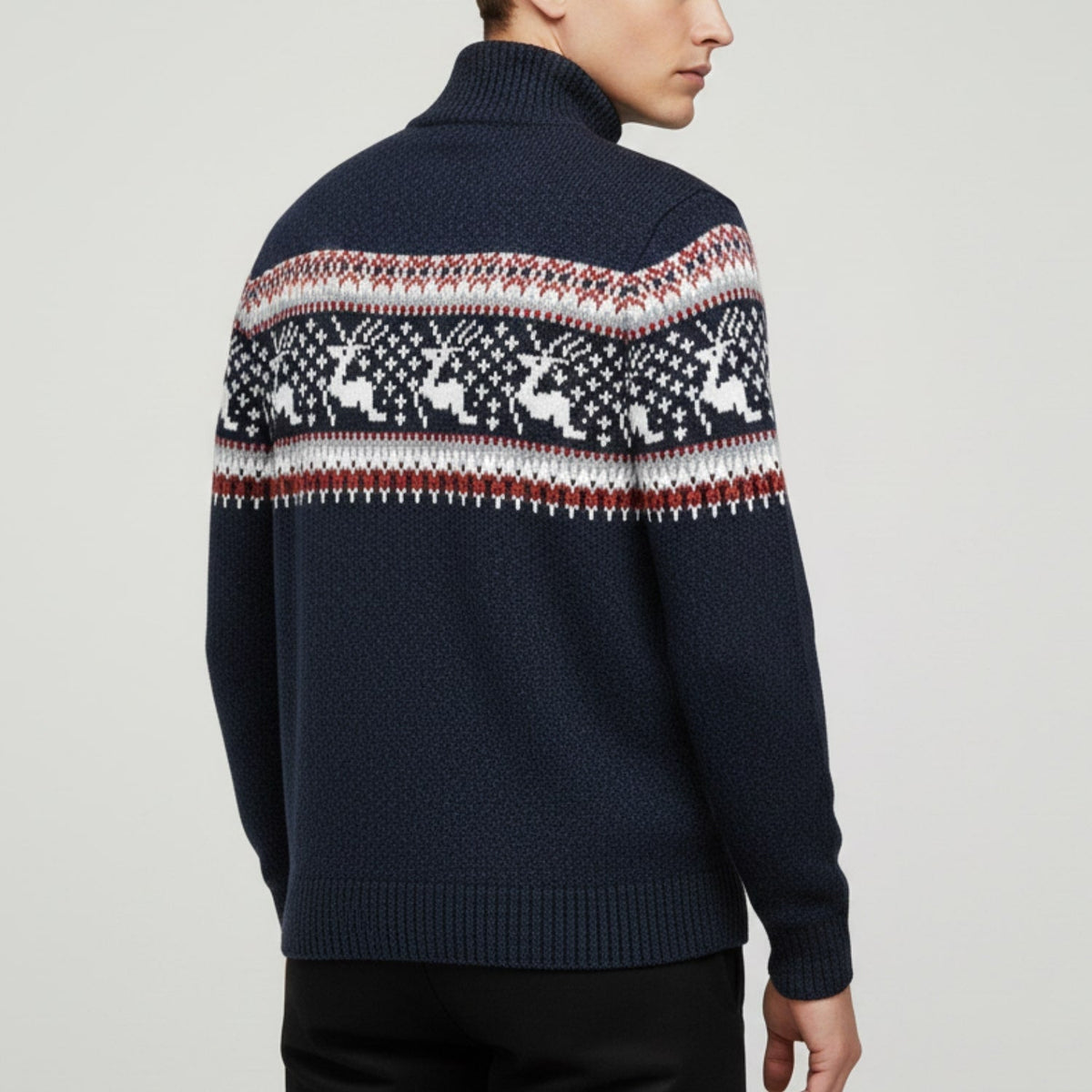 Men's quarter zip Christmas jumper with reindeer jacquard band and ribbed stand collar - view 11