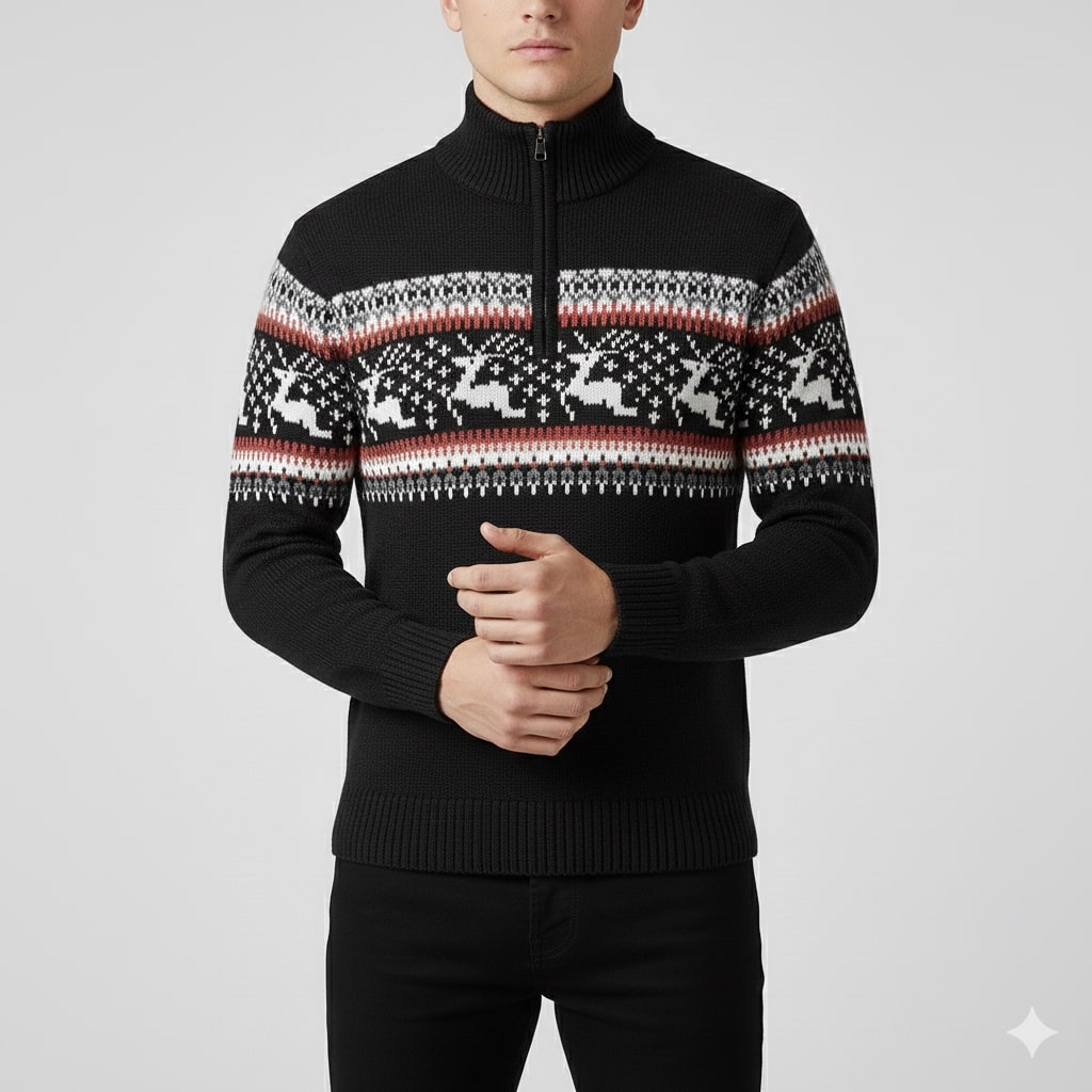 Men's quarter zip Christmas jumper with reindeer jacquard band and ribbed stand collar - view 12