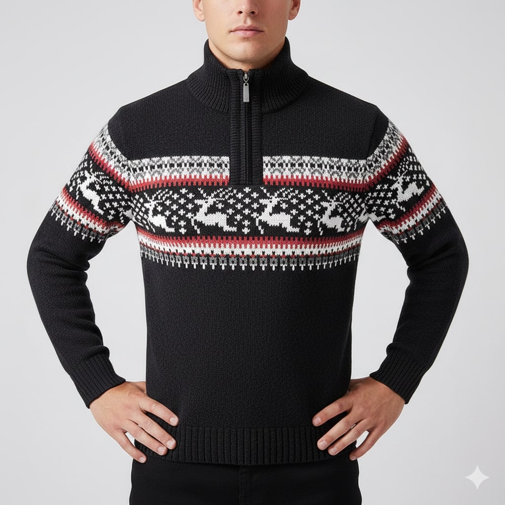 Men's quarter zip Christmas jumper with reindeer jacquard band and ribbed stand collar - view 14