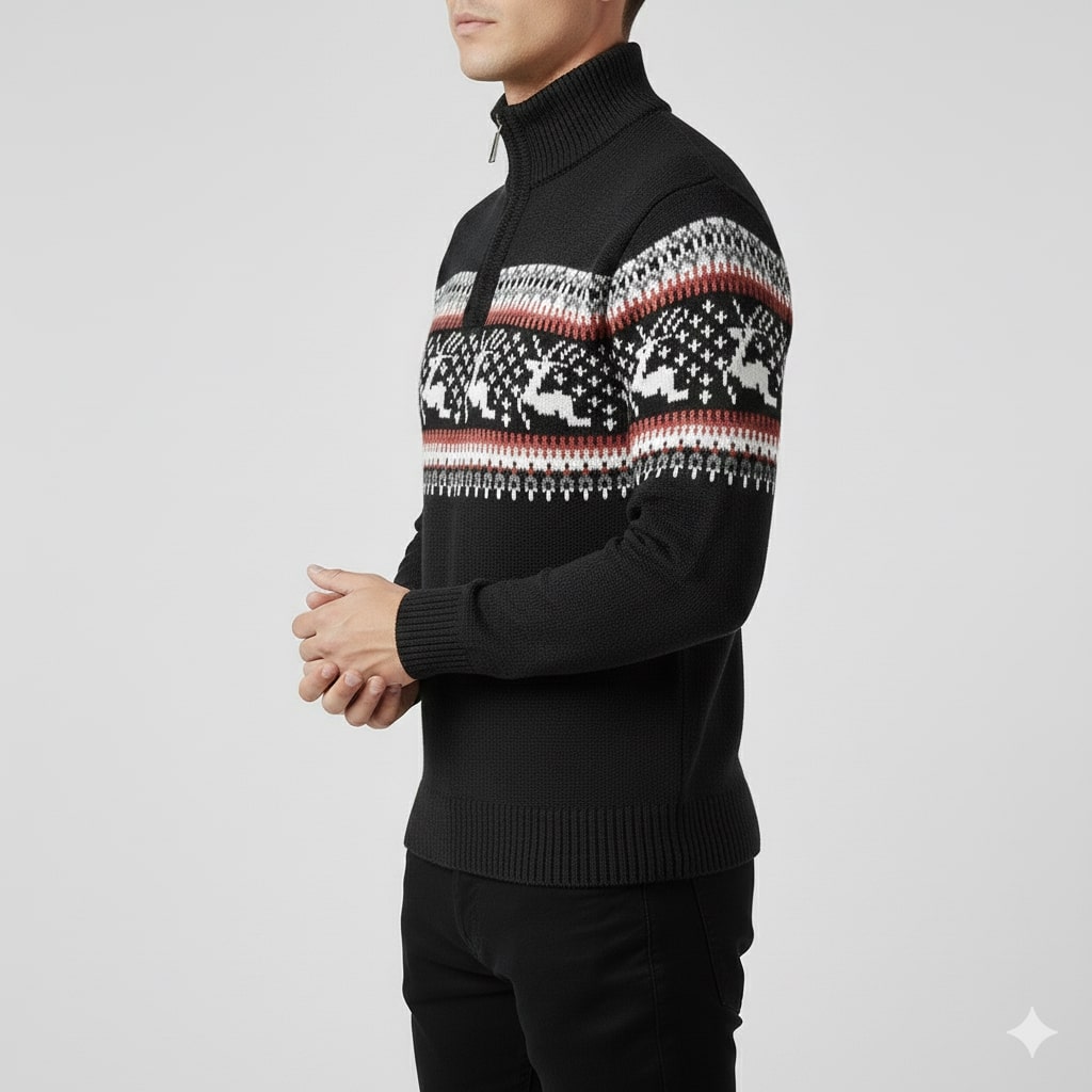 Men's quarter zip Christmas jumper with reindeer jacquard band and ribbed stand collar - view 15