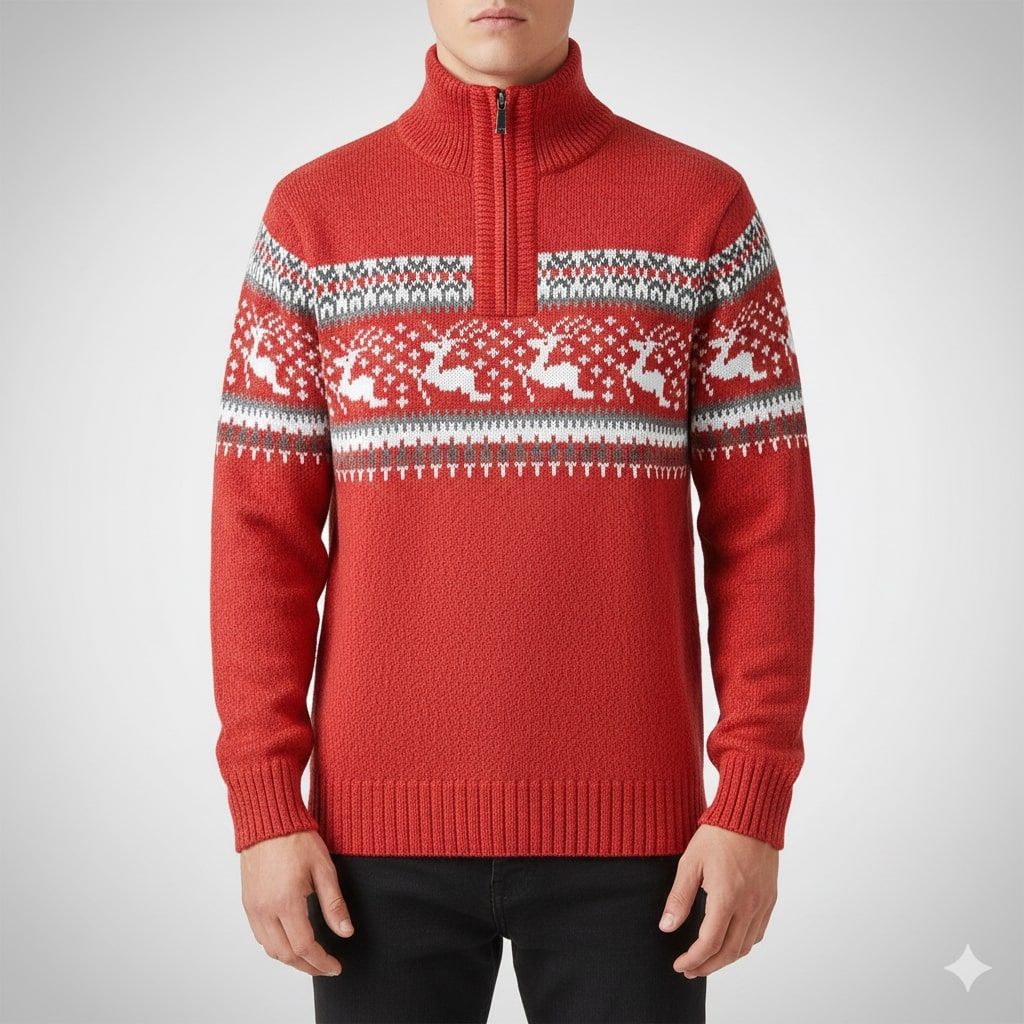 Men's quarter zip Christmas jumper with reindeer jacquard band and ribbed stand collar - view 16