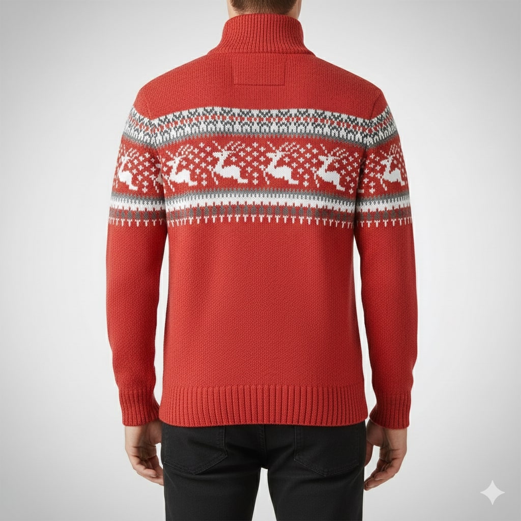 Men's quarter zip Christmas jumper with reindeer jacquard band and ribbed stand collar - view 17