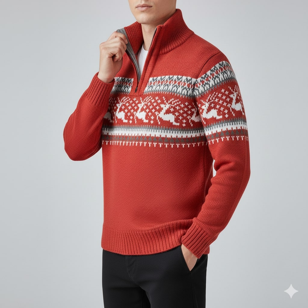 Men's quarter zip Christmas jumper with reindeer jacquard band and ribbed stand collar - view 18