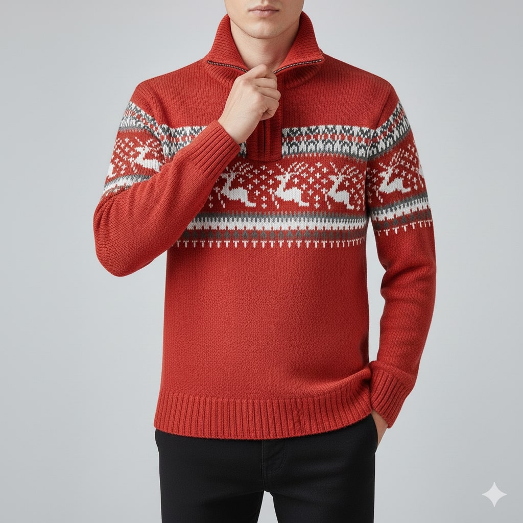 Men's quarter zip Christmas jumper with reindeer jacquard band and ribbed stand collar - view 19