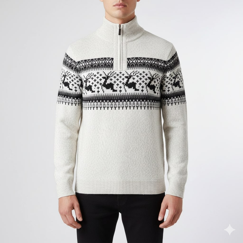 Men's quarter zip Christmas jumper with reindeer jacquard band and ribbed stand collar - view 2