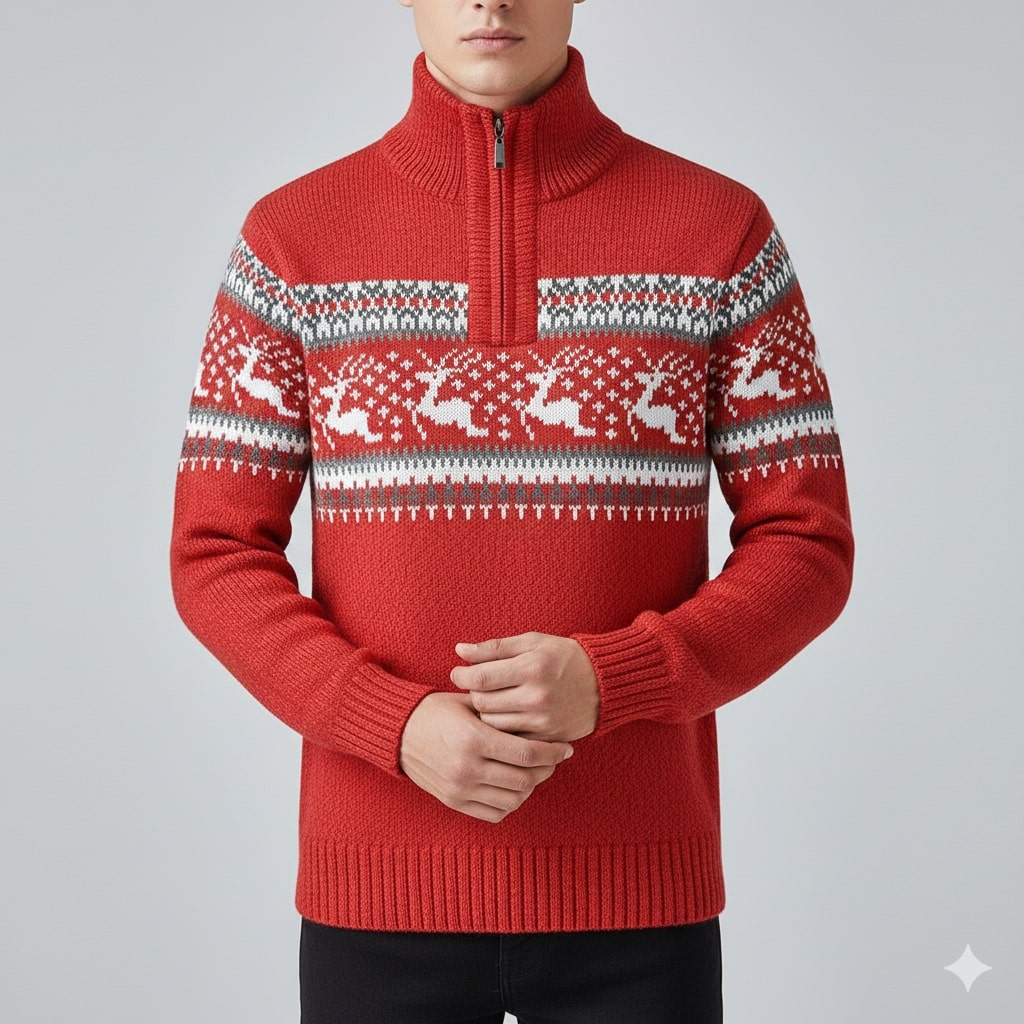 Men's quarter zip Christmas jumper with reindeer jacquard band and ribbed stand collar - view 20