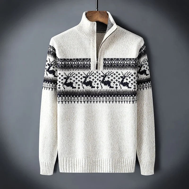 Men's quarter zip Christmas jumper with reindeer jacquard band and ribbed stand collar - view 21