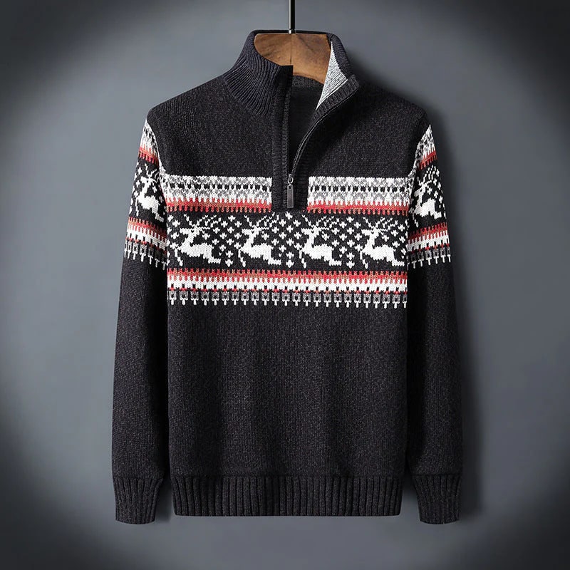 Men's quarter zip Christmas jumper with reindeer jacquard band and ribbed stand collar - view 22