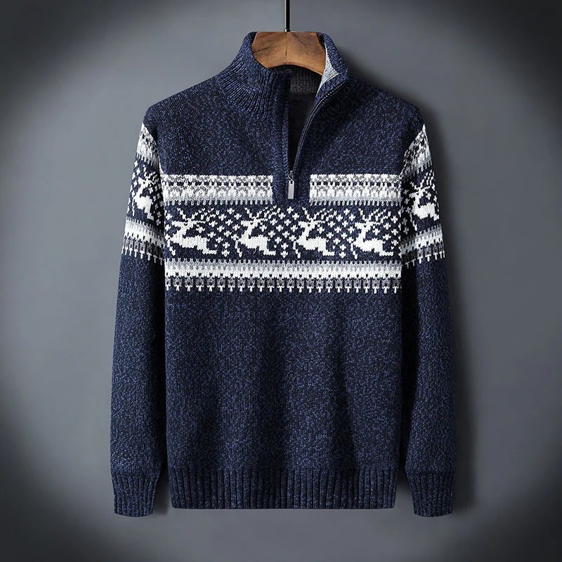 Men's quarter zip Christmas jumper with reindeer jacquard band and ribbed stand collar - view 23