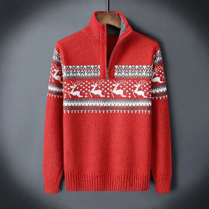 Men's quarter zip Christmas jumper with reindeer jacquard band and ribbed stand collar - view 24