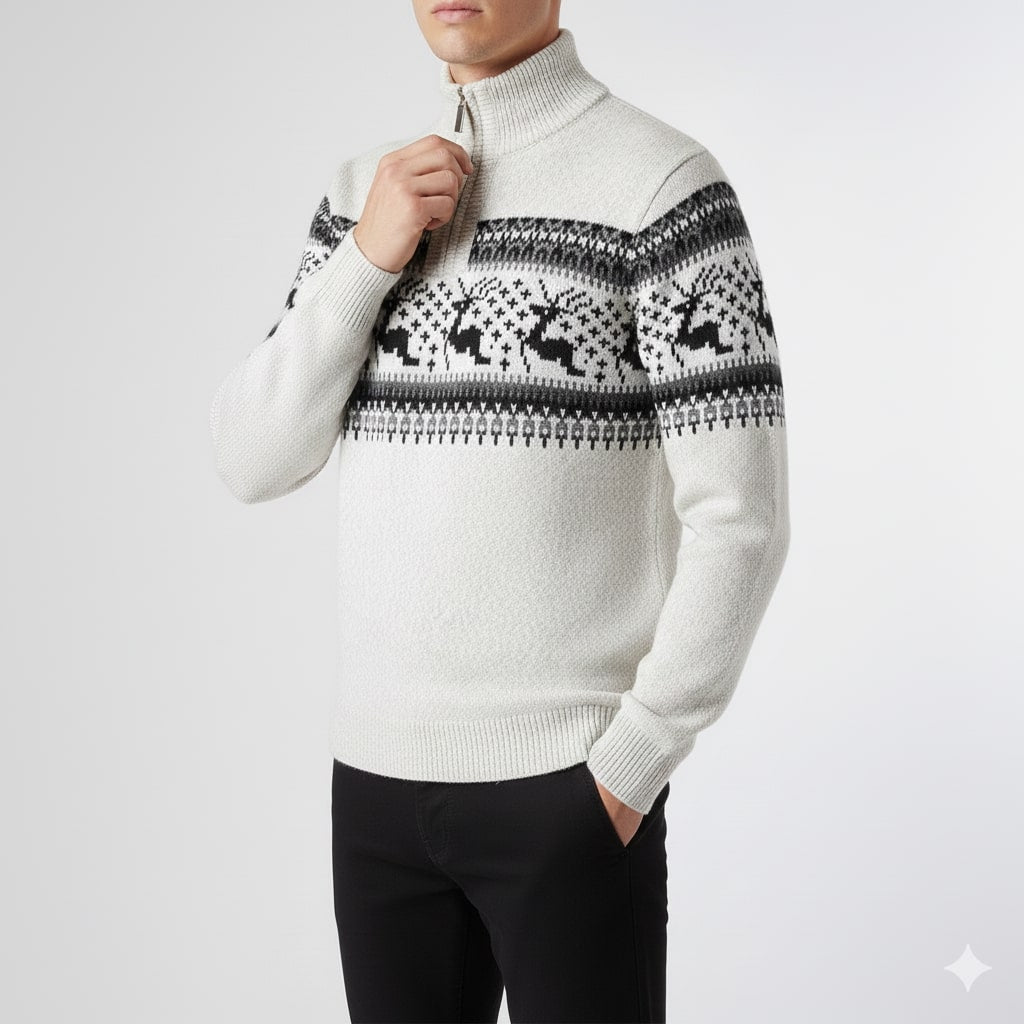 Men's quarter zip Christmas jumper with reindeer jacquard band and ribbed stand collar - view 3