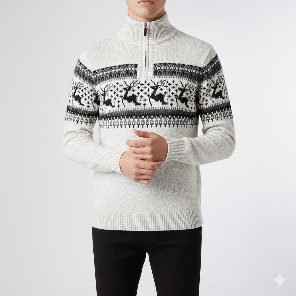 Men's quarter zip Christmas jumper with reindeer jacquard band and ribbed stand collar - view 4