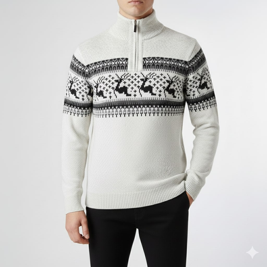 Men's quarter zip Christmas jumper with reindeer jacquard band and ribbed stand collar - view 6
