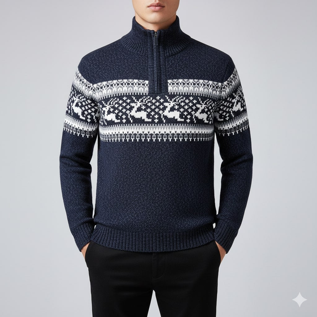 Men's quarter zip Christmas jumper with reindeer jacquard band and ribbed stand collar - view 7