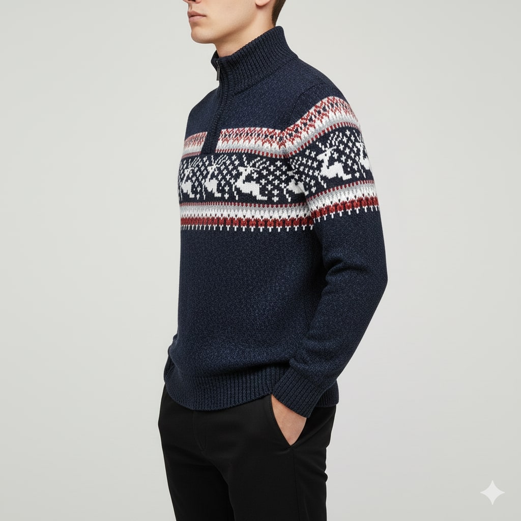 Men's quarter zip Christmas jumper with reindeer jacquard band and ribbed stand collar - view 8