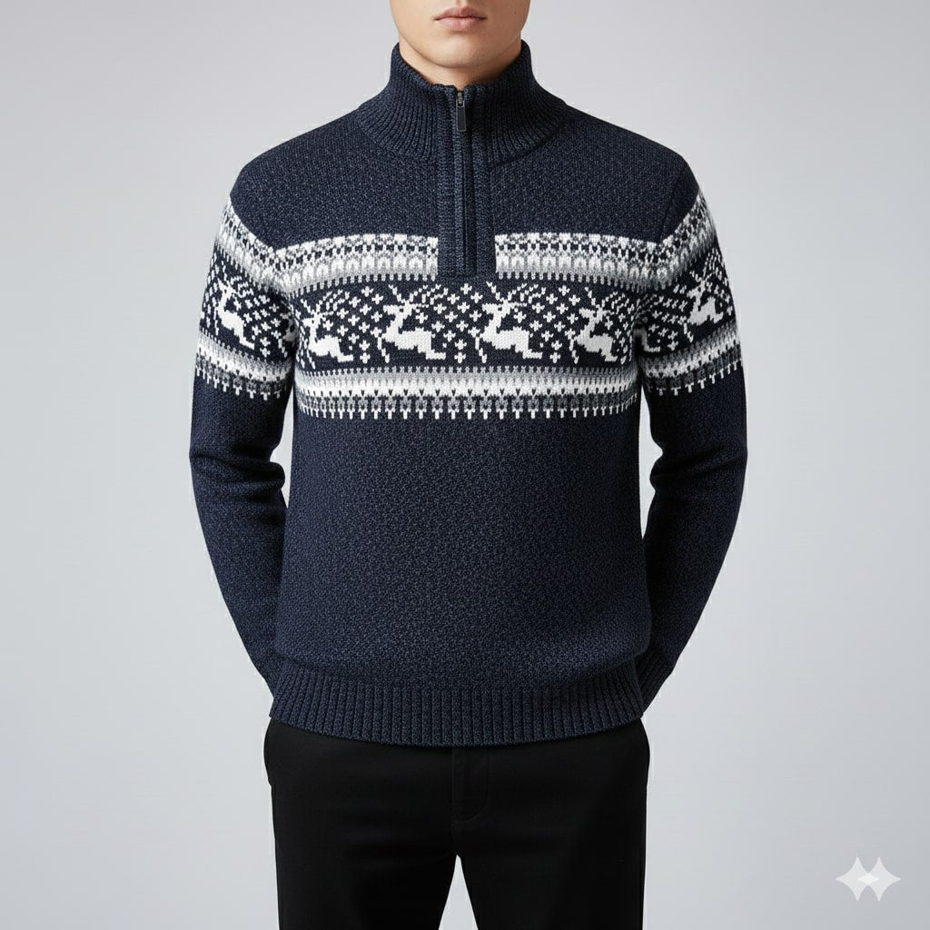 Men's quarter zip Christmas jumper with reindeer jacquard band and ribbed stand collar - view 9