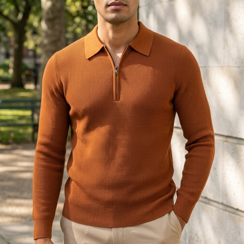 Men's textured knit quarter zip jumper with polo collar