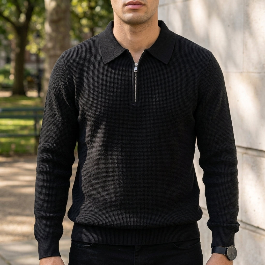 Men's textured knit quarter zip jumper with polo collar - view 3