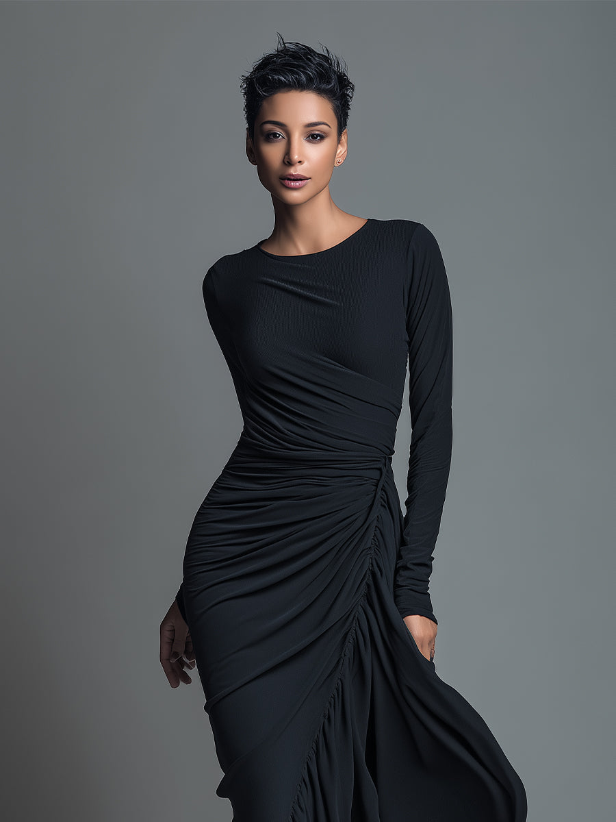 Woman in a black long sleeve knit maxi dress with ruched waist - view 2