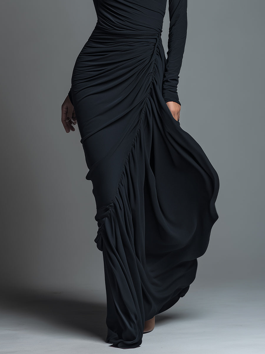Woman in a black long sleeve knit maxi dress with ruched waist - view 3