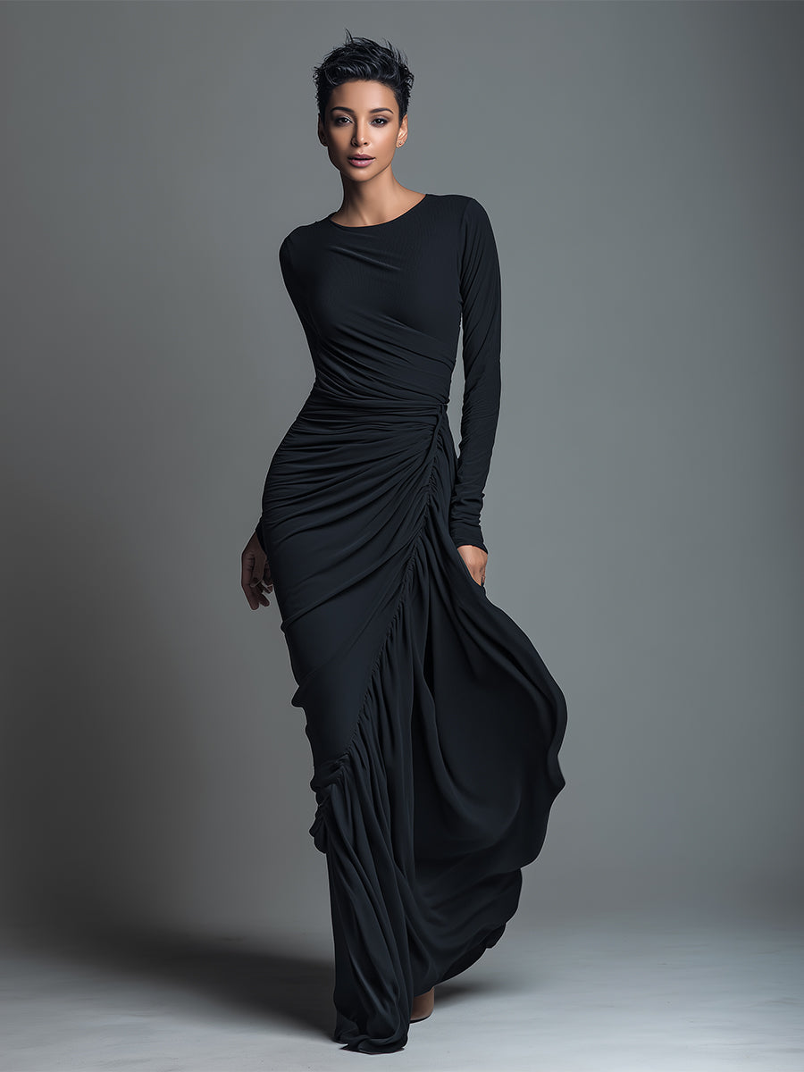 Woman in a black long sleeve knit maxi dress with ruched waist - view 4