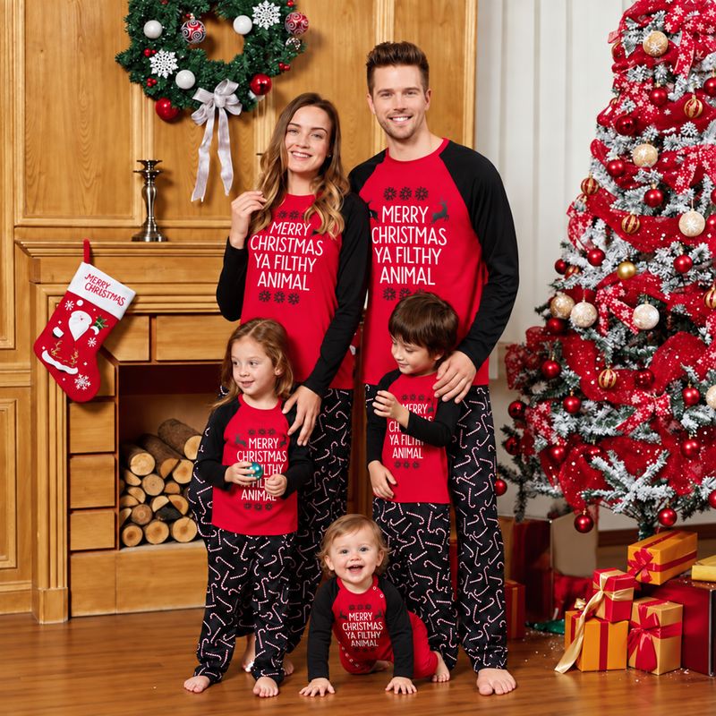 Funny Christmas pajamas with Merry Christmas Ya Filthy Animal raglan top and candy cane pants
