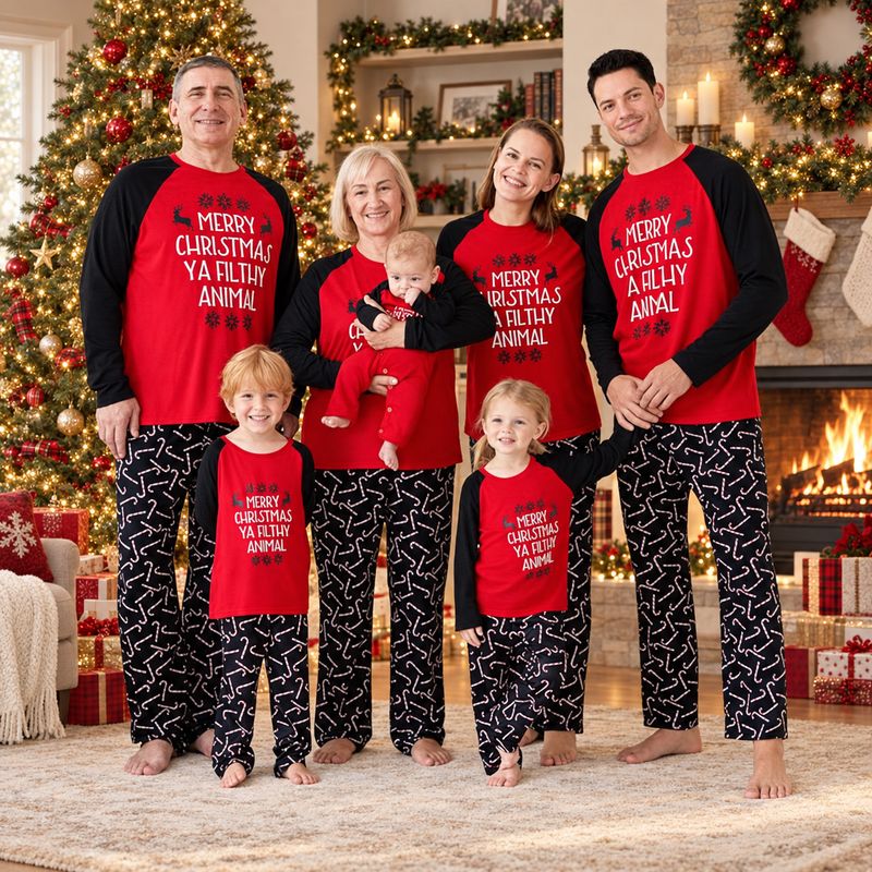 Funny Christmas pajamas with Merry Christmas Ya Filthy Animal raglan top and candy cane pants - view 2