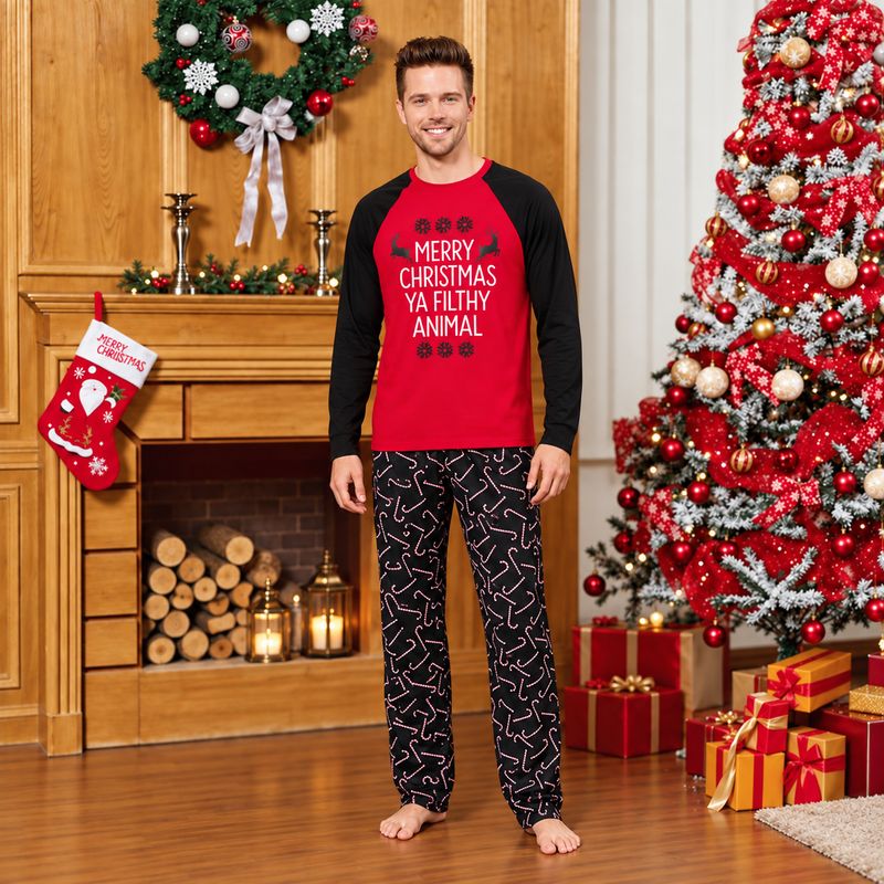 Funny Christmas pajamas with Merry Christmas Ya Filthy Animal raglan top and candy cane pants - view 3