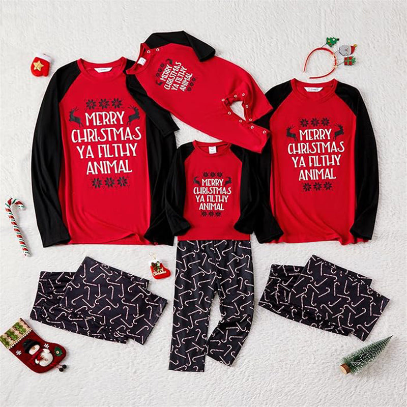 Funny Christmas pajamas with Merry Christmas Ya Filthy Animal raglan top and candy cane pants - view 7