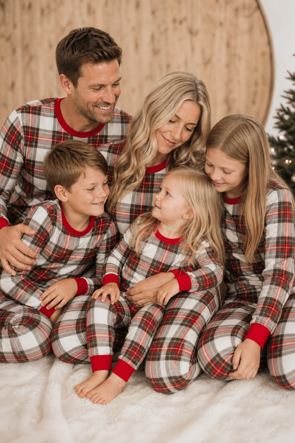 Family wearing matching cream and red tartan Christmas pyjamas with red ribbed cuffs - view 14