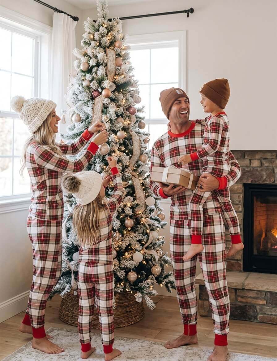 Family wearing matching cream and red tartan Christmas pyjamas with red ribbed cuffs - view 4